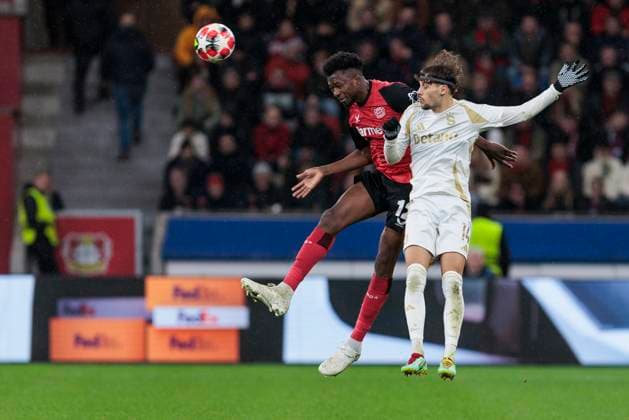 UEFA Champions League, Bayer Leverkusen Sparta Prague, 29 01 2025 Edmond Tapsoba Bayer 04 Leverkusen, 12 in duel with Veljko Birmancev Sparta Prague, 14 UEFA Champions League, Bayer Leverkusen Sparta Prague, Matchday 8, on 29 01 2025, BayArena, Leverkusen UEFA regulations prohibit any use of photographs as image sequences and or quasi video Copyright: xBEAUTIFULxSPORTS Meuselx