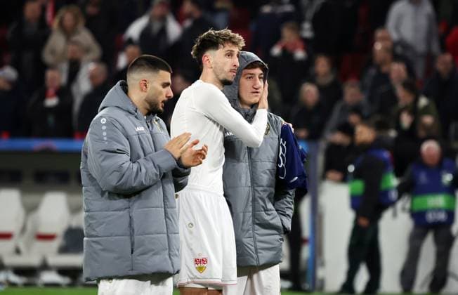 29 01 25 VfB Stuttgart Paris St Germain Germany, Stuttgart, 29 01 2025, Football, UEFA Champions League, VfB Stuttgart Paris St Germain v l Deniz Undav, Atakan Karazor, Angelo Stiller all VfB Stuttgart