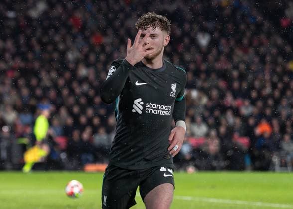 Eindhoven, Netherlands, 29th January 2025. GOAL 1-2 Harvey Elliott of Liverpool scores and celebrates during the UEFA Champions League match at Philips Stadion, Eindhoven. Picture credit should read: Ian Stephen Sportimage EDITORIAL USE ONLY. No use with unauthorised audio, video, data, fixture lists, club league logos or live services. Online in-match use limited to 120 images, no video emulation. No use in betting, games or single club league player publications. SPI_041_IS_PSV_Liverpool SPI-3643-0039
