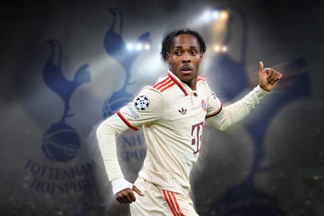 FOTOMONTAGE Mathys TEL FCB apparently arouses the interest of Tottenham Hotspur Action,single image,cropped single motif,half figure,half figure Football Champions League Ligaphase, FC Bayern Muenchen SK Slovan Bratislava