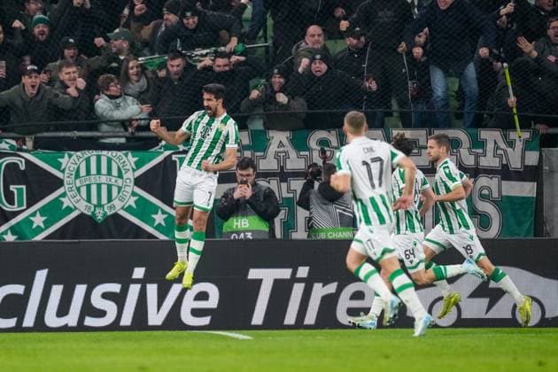 2025-01-30 Ferencvaros v AZ Alkmaar - UEFA Europa League BUDAPEST, HUNGARY - JANUARY 30: Mohamed Ali Ben Romdhane of Ferencvaros celebrates after scoring his teams first goal during the UEFA Europa League match between Ferencvaros and AZ Alkmaar at Ferencvaros Stadion on January 30, 2025 in Budapest, Hungary. Budapest Ferencvaros Stadion Hungary Content not available for redistribution in The Netherlands directly or indirectly through any third parties. Copyright: xEdxvanxdexPolx