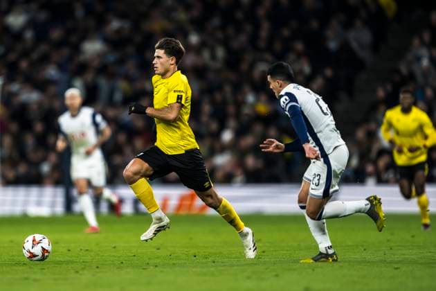 250130 Besfort Zeneli of Elfsborg and Pedro Porro of Tottenham Hotspur during the UEFA Europa League football match between Tottenham Hotspur and Elfsborg on January 30, 2025 in London Photo Emma Wallskog BILDBYRAN COP 320 EW0477 fotboll football soccer fotball uefa europa league europa league tottenham hotspur elfsborg bbeng bbauto  Copyright: EMMAxWALLSKOG BB250130EW062