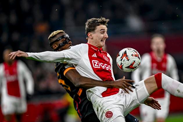 Galatasaray forward Victor Osimhen, AFC Ajax Amsterdam defender Youri Baas, during the match Ajax Galatasaray at the Johan Cruijff ArenA for the UEFA Europa League League phase Matchday 8 season 2024 2025 in AMSTERDAM, Netherlands on 30 januari 2025, photo by Stefan Koops EYE4images DeFodi Images Defodi 746 212132 Defodi-746