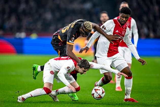 AFC Ajax Amsterdam defender Youri Baas, Galatasaray forward Victor Osimhen, AFC Ajax Amsterdam defender Jorrel Hato, during the match Ajax Galatasaray at the Johan Cruijff ArenA for the UEFA Europa League League phase Matchday 8 season 2024 2025 in AMSTERDAM, Netherlands on 30 januari 2025, photo by Stefan Koops EYE4images DeFodi Images Defodi 746 212133 Defodi-746