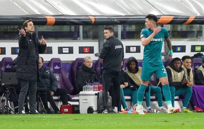 Anderlecht s Luis Vazquez celebrates after scoring during a soccer game between Belgian soccer team RSC Anderlecht and German Hoffenheim, Thursday 30 January 2025 in Brussels, on day 8 8 of the group stage of the UEFA Europa League tournament. VIRGINIExLEFOUR  x111479901x