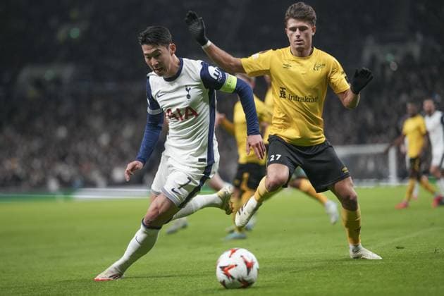 Son Heung-Min of Tottenham Hotspur gets past Besfort Zeneli of IF Elfsborg Tottenham Hotspur v Elfsborg, UEFA Europa League, Group Stage, Football, Tottenham Hotspur Stadium, London, UK - 30 Jan 2025 EDITORIAL USE ONLY No use with unauthorised audio, video, data, fixture lists, club league logos or live services. Online in-match use limited to 120 images, no video emulation. No use in betting, games or single club league player publications.  Copyright: xJedxLeicester Shutterstockx 15122183o