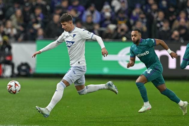 250130 RSC Anderlecht vs TSG Hoffenheim Adam Hlozek (23) of Hoffenheim pictured during the league phase - matchday 8 game in the Uefa Europa League season 2024-2025 between Royal Sporting Club Anderlecht and TSG 1899 Hoffenheim from Germany on January 30 , 2025 in Anderlecht, Belgium. (Photo by David Catry Isosport) Anderlecht Belgium  Copyright: xDavidxCatryx 20250130DC2_9505