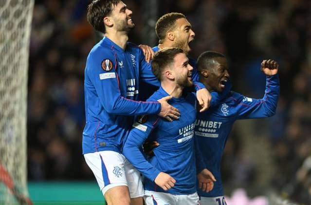 Sport Bilder des Tages Glasgow, Scotland, 30th January 2025. Nicolas Raskin of Rangers scores the opening goal during the UEFA Europa League match at Ibrox Stadium, Glasgow. Picture credit should read: Neil Hanna Sportimage EDITORIAL USE ONLY. No use with unauthorised audio, video, data, fixture lists, club league logos or live services. Online in-match use limited to 120 images, no video emulation. No use in betting, games or single club league player publications. SPI_025_NH_Rangers_Union_Saint-Gilloise SPI-3645-0025