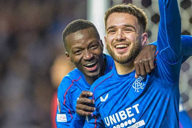 Rangers v Royale Union Saint-Gilloise UEFA Europa League Nicolas Raskin of Rangers scores their sides first goal of the match and celebrates his sides goal with Mohammed Diomande during the UEFA Europa League match at Ibrox Stadium, Glasgow UK Newspapers OUT Copyright: xJamiexJohnstonx FIL-21353-0034