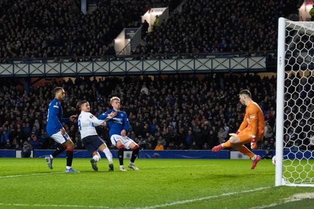 UK: Rangers v Union Saint-Gilloise, UEFA Europa League at Ibrox Stadium, Glasgow, Scotland on 30 January 2025: Pictured: Franjo Ivanovic (Union SG) had the ball in the net but it was ruled out by VAR Glasgow Ibrox Stadium Scotland Copyright: xAlexxToddx