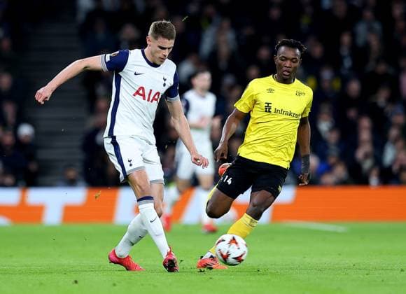 Micky van de Ven of Tottenham Hotspur and Jalal Abdullai of Elfsborg Tottenham Hotspur v Elfsborg, UEFA Europa League, Group Stage, Football, Tottenham Hotspur Stadium, London, UK - 30 Jan 2025 EDITORIAL USE ONLY No use with unauthorised audio, video, data, fixture lists, club league logos or live services. Online in-match use limited to 120 images, no video emulation. No use in betting, games or single club league player publications.  Copyright: xShutterstockx 15123155q