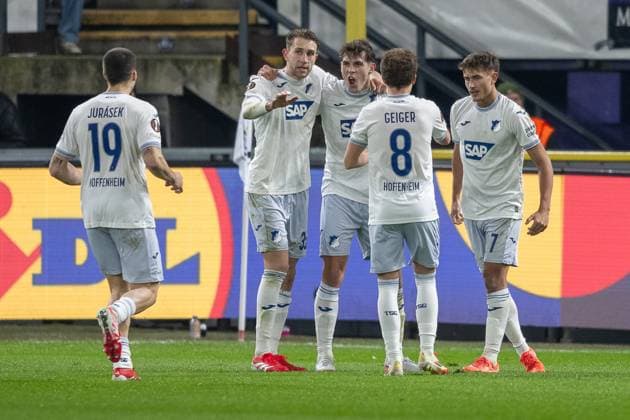 30 01 2025, Football UEFA Europa League, Season 2024 2025, Matchday 08, RSC Anderlecht TSG 1899 Hoffenheim at Lotto Park in Anderlecht The Hoffenheim players celebrate the goal for 1 1 Photo Kirchner Media Thomas Haesler Copyright: xKirchner-Media ThomasxHaeslerx