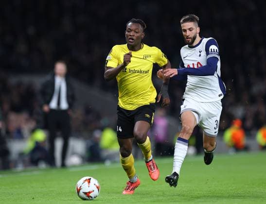 Jalal Abdullai of Elfsborg and Rodrigo Bentancur of Tottenham Hotspur Tottenham Hotspur v Elfsborg, UEFA Europa League, Group Stage, Football, Tottenham Hotspur Stadium, London, UK - 30 Jan 2025 EDITORIAL USE ONLY No use with unauthorised audio, video, data, fixture lists, club league logos or live services. Online in-match use limited to 120 images, no video emulation. No use in betting, games or single club league player publications.  Copyright: xShutterstockx 15123155v