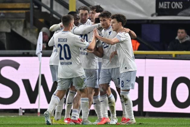 250130 RSC Anderlecht vs TSG Hoffenheim players of Hoffenheim celebrates after scoring the 1-1 equalizer goal during the league phase - matchday 8 game in the Uefa Europa League season 2024-2025 between Royal Sporting Club Anderlecht and TSG 1899 Hoffenheim from Germany on January 30 , 2025 in Anderlecht, Belgium. (Photo by David Catry Isosport) Anderlecht Belgium  Copyright: xDavidxCatryx 20250130DC2_0546