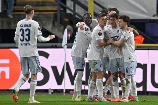 250130 RSC Anderlecht vs TSG Hoffenheim players of Hoffenheim celebrates after scoring the 1-1 equalizer goal during the league phase - matchday 8 game in the Uefa Europa League season 2024-2025 between Royal Sporting Club Anderlecht and TSG 1899 Hoffenheim from Germany on January 30 , 2025 in Anderlecht, Belgium. (Photo by David Catry Isosport) Anderlecht Belgium  Copyright: xDavidxCatryx 20250130DC2_0557