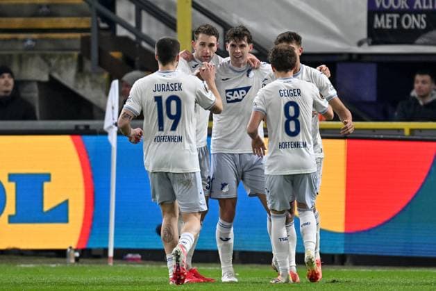 250130 RSC Anderlecht vs TSG Hoffenheim players of Hoffenheim celebrates after scoring the 1-1 equalizer goal during the league phase - matchday 8 game in the Uefa Europa League season 2024-2025 between Royal Sporting Club Anderlecht and TSG 1899 Hoffenheim from Germany on January 30 , 2025 in Anderlecht, Belgium. (Photo by David Catry Isosport) Anderlecht Belgium  Copyright: xDavidxCatryx 20250130DC2_0517