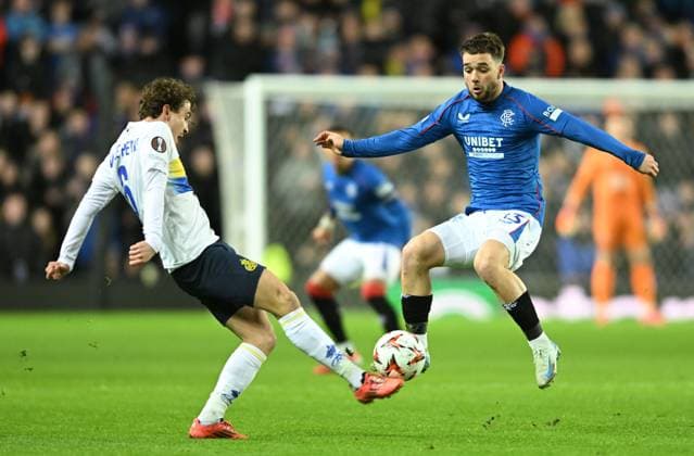 Glasgow, Scotland, 30th January 2025. Kamiel Van De Perre of Union Saint-Gilloise and Nicolas Raskin of Rangers during the UEFA Europa League match at Ibrox Stadium, Glasgow. Picture credit should read: Neil Hanna Sportimage EDITORIAL USE ONLY. No use with unauthorised audio, video, data, fixture lists, club league logos or live services. Online in-match use limited to 120 images, no video emulation. No use in betting, games or single club league player publications. SPI_037_NH_Rangers_Union_Saint-Gilloise SPI-3645-0037