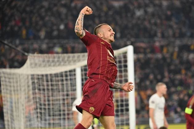 Romaâ??s Angelino celebrates after scoring the goal 1-0 during the UEFA Europa League 2024-2025 football match between AS Roma vs Eintracht Frankfurt at the Olympic Stadium in Rome on Juanary 30, 2025.  Copyright: xFabrizioxCorradetti IPAxSportx xipa-agency.netx xx IPA_53473084 IPA_Agency_IPA53473084