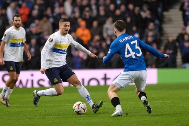 UK: Rangers v Union Saint-Gilloise, UEFA Europa League at Ibrox Stadium, Glasgow, Scotland on 30 January 2025: Pictured: Franjo Ivanovic (Union SG) and Nicolas Raskin (Rangers) Glasgow Ibrox Stadium Scotland Copyright: xAlexxToddx