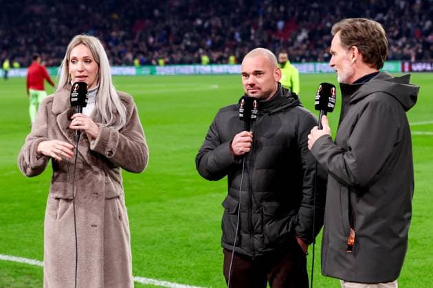 2025-01-30 AFC Ajax v Galatasaray - UEFA Europa League 2024 25 League Phase MD8 AMSTERDAM, NETHERLANDS - JANUARY 30: Moderator Wesley Sneijder during the UEFA Europa League 2024 25 League Phase MD8 match between AFC Ajax and Galatasaray at Johan Cruijff ArenA on January 30, 2025 in Amsterdam, Netherlands. Amsterdam Johan Cruijff ArenA Netherlands Content not available for redistribution in The Netherlands directly or indirectly through any third parties. Copyright: xBenxGalx