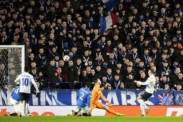 Franjo Ivanovic of Union Saint-Gilloise chips the ball over Rangers goalkeeper Jack Butland but misses Rangers v Union Saint-Gilloise, UEFA Europa League, Group Stage, Football, Ibrox Stadium, Glasgow, UK - 30 Jan 2025 EDITORIAL USE ONLY No use with unauthorised audio, video, data, fixture lists, club league logos or live services. Online in-match use limited to 120 images, no video emulation. No use in betting, games or single club league player publications. Copyright: xStuartxWallace Shutterstockx 15122181cf