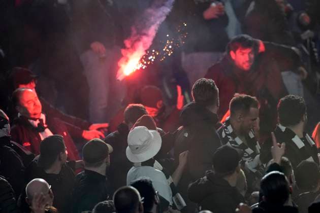 . throwing pyros between the fans, UEFA Europa League 2024 25 League Phase MD8, AS Roma v Eintracht Frankfurt, Stadio Olimpico, January 30, 2025, Rome, Italy.