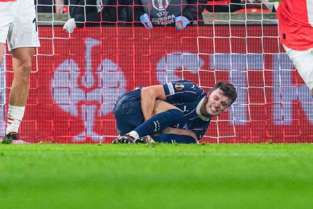 250130 Colin Rösler of Malmö FF in pain during the UEFA Europa League football match between Slavia Prag and Malmö FF on January 30, 2025 in Prague Photo Mathilda Ahlberg BILDBYRAN kod MA MA0779 fotboll football soccer fotball uefa europa league europa league slavia prag malmö ff bbeng bbauto  Copyright: MATHILDAxAHLBERG BB250130MA087