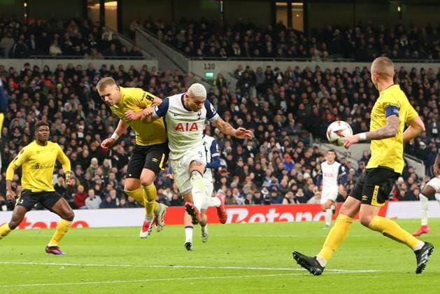 30th January 2025; Tottenham Hotspur Stadium, London, England; UEFA Europa League Football, Tottenham Hotspur versus Elfsborg; Gustav Henriksson of Elfsborg and Richarlison of Tottenham Hotspur compete for the headed ball with the momentum taking both players off the pitch and Gustav Henriksson requiring a check up from the Elfsborg physios.  ActionPlus12745504 KatiexChan