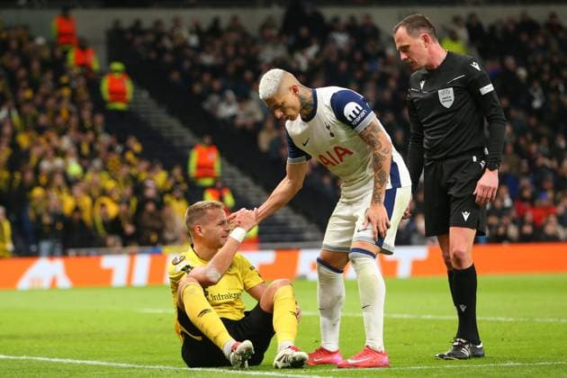 30th January 2025; Tottenham Hotspur Stadium, London, England; UEFA Europa League Football, Tottenham Hotspur versus Elfsborg; Gustav Henriksson of Elfsborg and Richarlison of Tottenham Hotspur compete for the headed and both players saw medical treatment  ActionPlus12745505 KatiexChan
