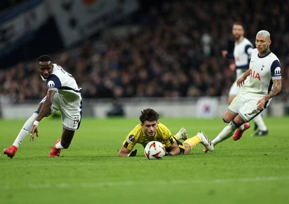London, England, 30th January 2025. Pape Matar Sarr of Tottenham Hotspur with Besfort Zeneli of Elfsborg during the UEFA Europa League match at the Tottenham Hotspur Stadium, London. Picture credit should read: David Klein Sportimage EDITORIAL USE ONLY. No use with unauthorised audio, video, data, fixture lists, club league logos or live services. Online in-match use limited to 120 images, no video emulation. No use in betting, games or single club league player publications. SPI_015_DK_Tottenham_Elfsborg SPI-3644-0016
