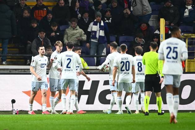 RSC Anderlecht v Hoffenheim - UEFA Europa League ANDERLECHT, BELGIUM - JANUARY 30 : players of Hoffenheim celebrate the 1-2 during the UEFA Europa League 2024 25 League Phase MD8 match between RSC Anderlecht and Hoffenheim on January 30, 2025 in Anderlecht, Belgium, 30 01 2025 Anderlecht Belgium  Copyright: xGvgx