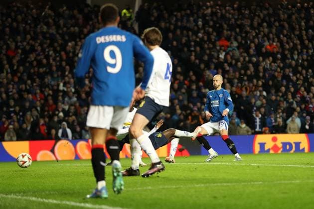 Vaclav Cerny of Rangers scores the second goal during the Europa League group phase match at Ibrox Stadium, Glasgow. Rangers v Union Saint-Gilloise, Europa League, Football, Ibrox Stadium, Glasgow, Scotland, UK - 30 Jan 2025 EDITORIAL USE ONLY No use with unauthorised audio, video, data, fixture lists, club league logos or live services. Online in-match use limited to 120 images, no video emulation. No use in betting, games or single club league player publications. Copyright: xO Rourke RangersxFC Shutterstockx 15126401az