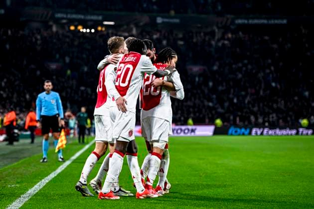 Players of Ajax celebrating the goal of AFC Ajax Amsterdam midfielder Kian Fitz Jim 2 0, during the match Ajax Galatasaray at the Johan Cruijff ArenA for the UEFA Europa League phase Matchday 8 season 2024 2025 in AMSTERDAM, Netherlands on 30 januari 2025, photo by Stefan Koops EYE4images DeFodi Images Defodi 746 212210 Defodi-746