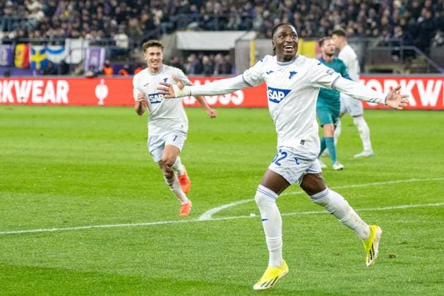 30 01 2025, Football UEFA Europa League, Season 2024 2025, Matchday 08, RSC Anderlecht TSG 1899 Hoffenheim at Lotto Park in Anderlecht David Mokwa TSG 1899 Hoffenheim, 52 celebrates his goal for 3 1 Photo Kirchner Media Thomas Haesler Copyright: xKirchner-Media ThomasxHaeslerx