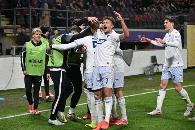 250130 RSC Anderlecht vs TSG Hoffenheim David Mokwa (52) of Hoffenheim celebrates after scoring the 1-3 goal during the league phase - matchday 8 game in the Uefa Europa League season 2024-2025 between Royal Sporting Club Anderlecht and TSG 1899 Hoffenheim from Germany on January 30 , 2025 in Anderlecht, Belgium. (Photo by David Catry Isosport) Anderlecht Belgium  Copyright: xDavidxCatryx 20250130DC1_4446
