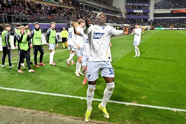250130 RSC Anderlecht vs TSG Hoffenheim David Mokwa (52) of Hoffenheim celebrates after scoring the 1-3 goal during the league phase - matchday 8 game in the Uefa Europa League season 2024-2025 between Royal Sporting Club Anderlecht and TSG 1899 Hoffenheim from Germany on January 30 , 2025 in Anderlecht, Belgium. (Photo by David Catry Isosport) Anderlecht Belgium  Copyright: xDavidxCatryx 20250130DC1_4495
