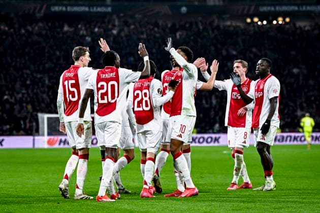 Players of Ajax celebrating the goal of AFC Ajax Amsterdam midfielder Kian Fitz Jim 2 0, during the match Ajax Galatasaray at the Johan Cruijff ArenA for the UEFA Europa League phase Matchday 8 season 2024 2025 in AMSTERDAM, Netherlands on 30 januari 2025, photo by Stefan Koops EYE4images DeFodi Images Defodi 746 212223 Defodi-746