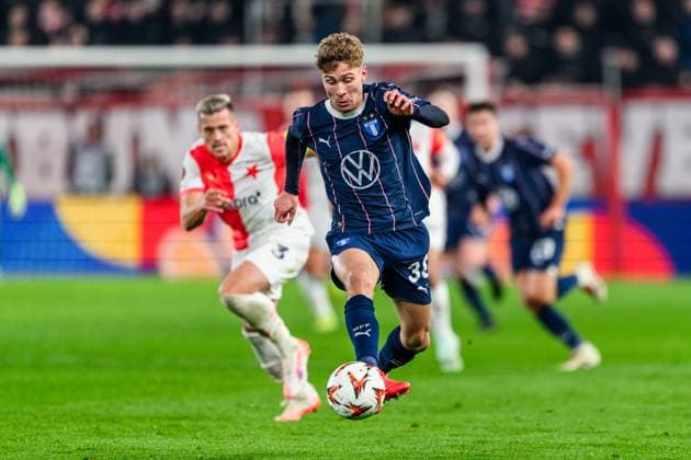 250130 Hugo Bolin of Malmö FF during the UEFA Europa League football match between Slavia Prag and Malmö FF on January 30, 2025 in Prague. Photo: Mathilda Ahlberg BILDBYRAN kod MA MA0779 fotboll football soccer fotball uefa europa league europa league slavia prag malmö ff bbeng bbauto  Copyright: MATHILDAxAHLBERG BB250130MA101