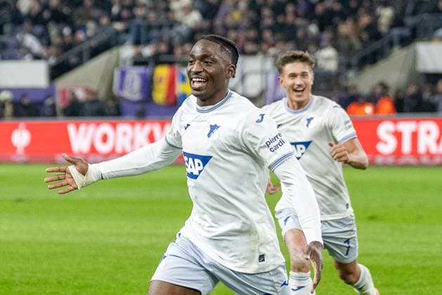30 01 2025, Football UEFA Europa League, Season 2024 2025, Matchday 08, RSC Anderlecht TSG 1899 Hoffenheim at Lotto Park in Anderlecht David Mokwa TSG 1899 Hoffenheim, 52 celebrates his goal for 3 1 Photo Kirchner Media Thomas Haesler Copyright: xKirchner-Media ThomasxHaeslerx