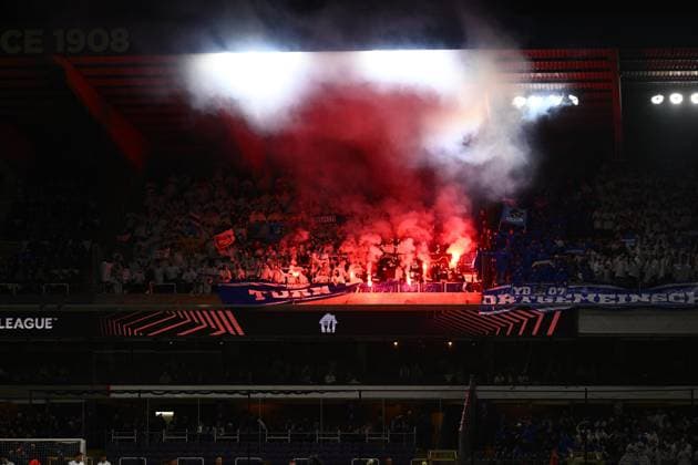 RSC Anderlecht v Hoffenheim - UEFA Europa League ANDERLECHT, BELGIUM - JANUARY 30 : fans of Hoffenheim with pyro during the UEFA Europa League 2024 25 League Phase MD8 match between RSC Anderlecht and Hoffenheim on January 30, 2025 in Anderlecht, Belgium, 30 01 2025 Anderlecht Belgium  Copyright: xGvgx