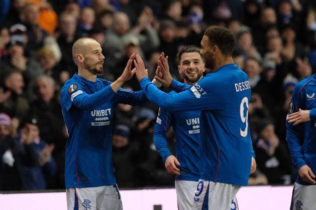 UK: Rangers v Union Saint-Gilloise, UEFA Europa League at Ibrox Stadium, Glasgow, Scotland on 30 January 2025: Pictured: Vaclav Cerny (Rangers) celebrates making it 2-0 Glasgow Ibrox Stadium Scotland Copyright: xAlexxToddx