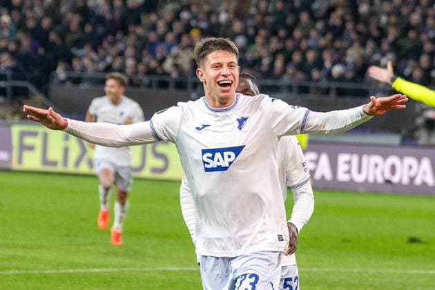 30 01 2025, Football UEFA Europa League, Season 2024 2025, Matchday 08, RSC Anderlecht TSG 1899 Hoffenheim at Lotto Park in Anderlecht Adam Hlozek TSG 1899 Hoffenheim, 23 celebrates his goal for 4 1 Photo Kirchner Media Thomas Haesler Copyright: xKirchner-Media ThomasxHaeslerx