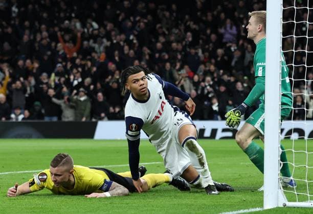 London, England, 30th January 2025. Dane Scarlett of Tottenham Hotspur celebrates scoring his sides opening goal during the UEFA Europa League match at the Tottenham Hotspur Stadium, London. Picture credit should read: David Klein Sportimage EDITORIAL USE ONLY. No use with unauthorised audio, video, data, fixture lists, club league logos or live services. Online in-match use limited to 120 images, no video emulation. No use in betting, games or single club league player publications. IMGL6751 SPI-3644-0028