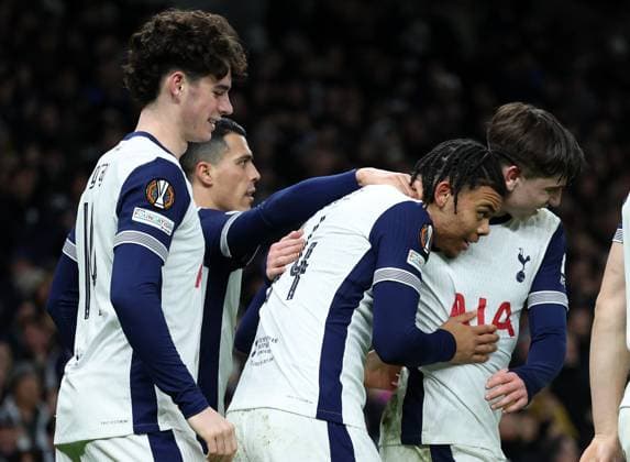 London, England, 30th January 2025. Dane Scarlett of Tottenham Hotspur celebrates scoring his sides opening goal during the UEFA Europa League match at the Tottenham Hotspur Stadium, London. Picture credit should read: David Klein Sportimage EDITORIAL USE ONLY. No use with unauthorised audio, video, data, fixture lists, club league logos or live services. Online in-match use limited to 120 images, no video emulation. No use in betting, games or single club league player publications. IMGL6873 SPI-3644-0031