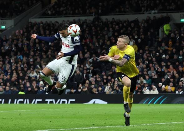 London, England, 30th January 2025. Dane Scarlett of Tottenham Hotspur scoring his sides opening goal during the UEFA Europa League match at the Tottenham Hotspur Stadium, London. Picture credit should read: David Klein Sportimage EDITORIAL USE ONLY. No use with unauthorised audio, video, data, fixture lists, club league logos or live services. Online in-match use limited to 120 images, no video emulation. No use in betting, games or single club league player publications. SPI_025_DK_Tottenham_Elfsborg SPI-3644-0033