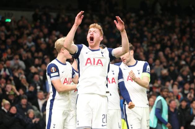 30th January 2025; Tottenham Hotspur Stadium, London, England; UEFA Europa League Football, Tottenham Hotspur versus Elfsborg; Dejan Kulusevski of Tottenham Hotspur celebrate his team goal by Dane Scarlett in the 70th minute for 1-0.  ActionPlus12745569 KatiexChan