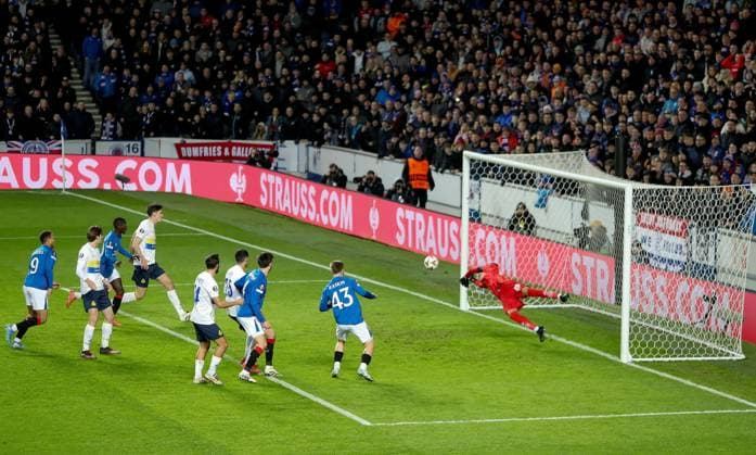 Nicolas Raskin of Rangers scores his sides first goal during the UEFA Europa League league phase match at Ibrox Stadium, Glasgow. Rangers v Union Saint-Gilloise, Europa League, Football, Ibrox Stadium, Glasgow, Scotland, UK - 30 Jan 2025 EDITORIAL USE ONLY No use with unauthorised audio, video, data, fixture lists, club league logos or live services. Online in-match use limited to 120 images, no video emulation. No use in betting, games or single club league player publications. Copyright: xRangersxFC Shutterstockx 15126400a