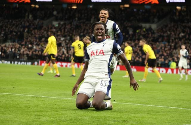 Oyindamola Ajayi (TH) celebrates scoring the second Spurs goal (2-0) at the Tottenham Hotspur v IF Elfsborg UEFA Europa League match, at the Tottenham Hotspur Stadium, London, UK on 30th January, 2025. 