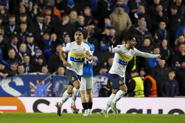 Kevin Mac Allister of Union Saint-Gilloise looks towards his fans after scoring to make it 2-1 Rangers v Union Saint-Gilloise, UEFA Europa League, Group Stage, Football, Ibrox Stadium, Glasgow, UK - 30 Jan 2025 EDITORIAL USE ONLY No use with unauthorised audio, video, data, fixture lists, club league logos or live services. Online in-match use limited to 120 images, no video emulation. No use in betting, games or single club league player publications. Copyright: xStuartxWallace Shutterstockx 15122181df