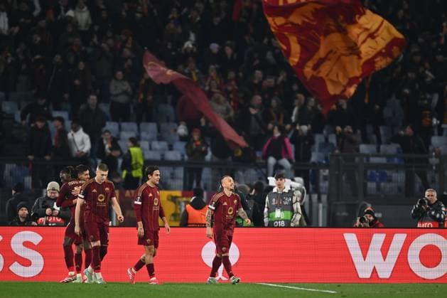 AS Roma v Eintracht Frankfurt - UEFA Europa League 2024 25 League Phase MD8 Angelino of A.S. Roma celebrates after scoring a goal during the UEFA Europa League 2024 25 League Phase MD8 match between A.S. Roma and Eintracht Frankfurt at Olympic Stadium in Rome, Italy, on January 30, 2025. Rome Italy Italy  Copyright: xDomenicoxCippitellix originalFilename:cippitelli-asromave250130_np0At.jpg